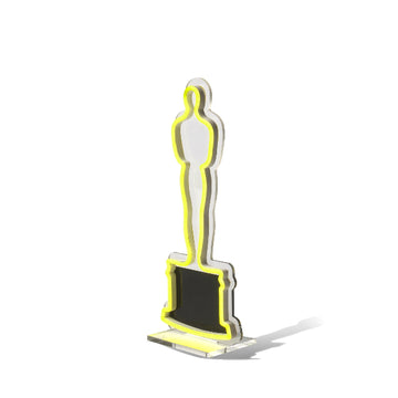 side view of neon LED oscar on tabletop with stand Oscar Statue the Academy Awards Show official Oscars Logo Merchandise Collectible Neon Sign Tabletop Size.